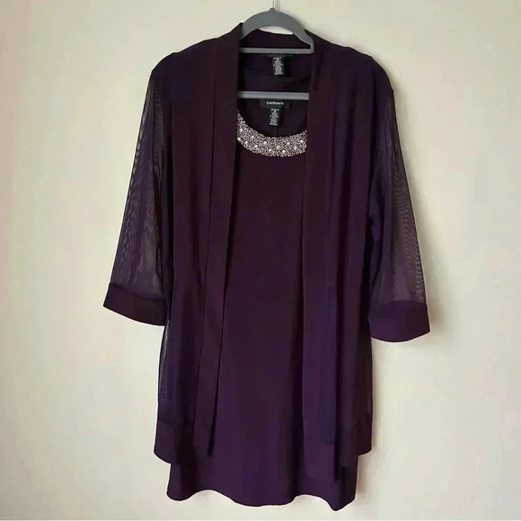 R&M Richard’s Two Piece Dress Metallic Pattern Neckline Jacket Sheer Sleeves 14 - Picture 3 of 13